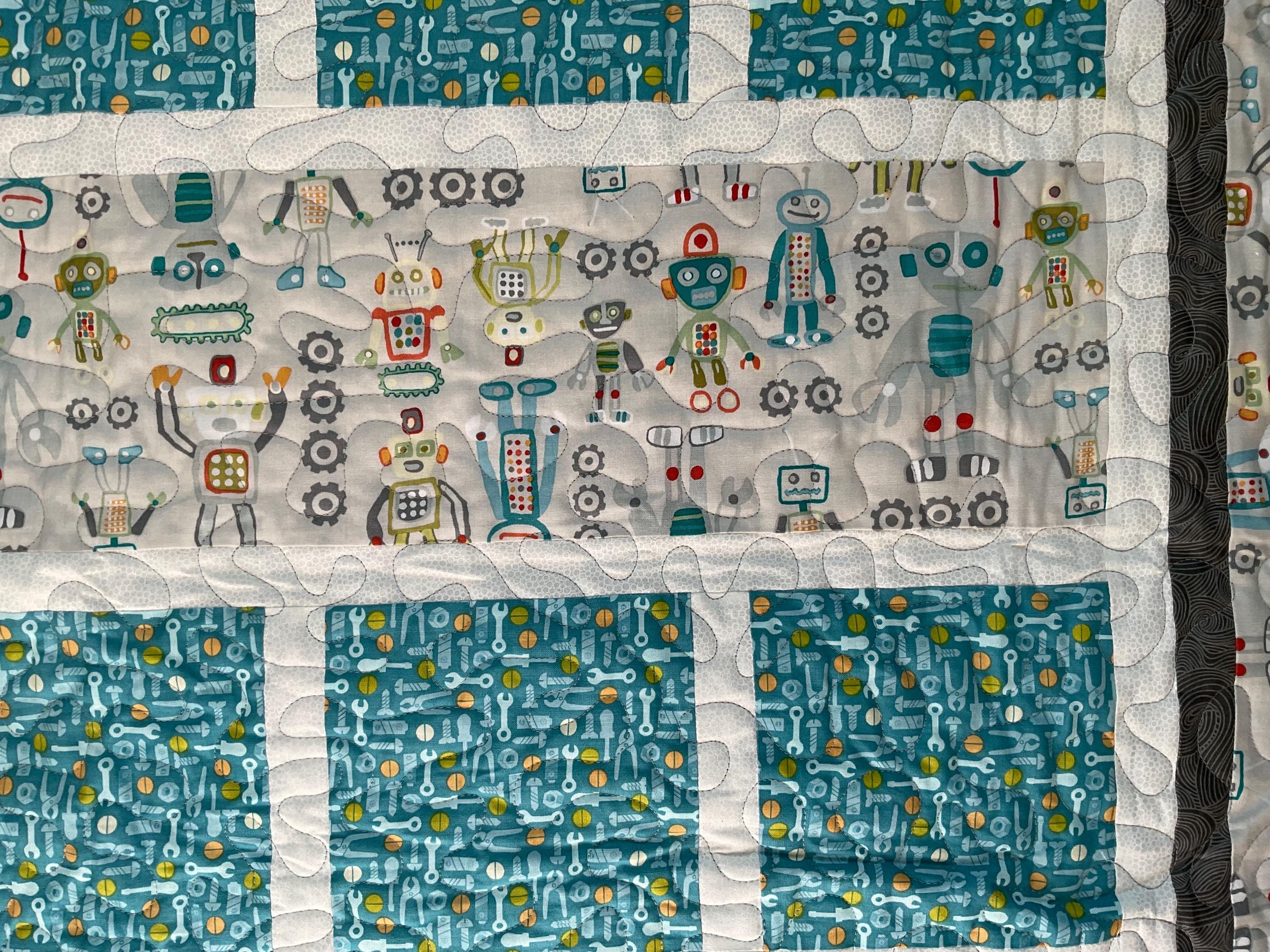 Quiltbot Handmade Robot Quilt, Teal Green Orange Patchwork, 59x59 - Etsy