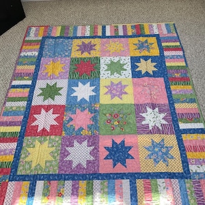 Handmade Star Quilt, Pastel Colors, Crib Size Throw