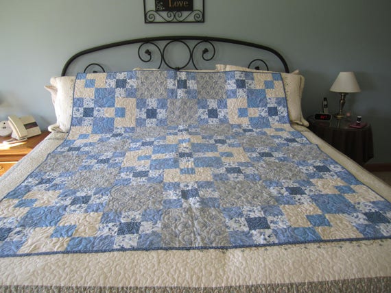 Summer Sky Twin Size Blue Cream Navy Blue Tan Light Blue White Handmade Squares Nine Patches Flowers Hand Pieced Rectangles