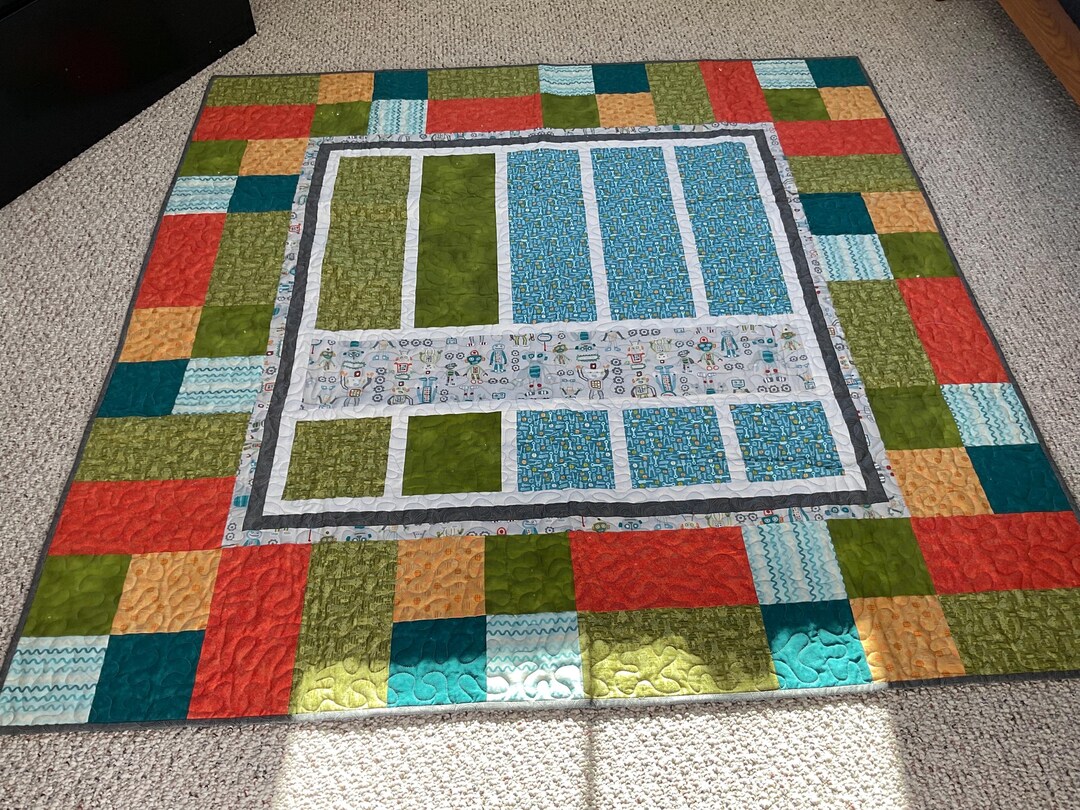 Quiltbot Handmade Robot Quilt, Teal Green Orange Patchwork, 59x59 - Etsy
