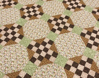 Stepping Stones, Queen size quilt,  Floral quilt, Queen size blanket, Brown, green, cream,  Classic quilt, floral fabric, checker squares