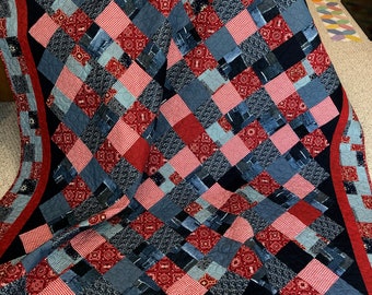 Western Cowboy Quilt, Denim Patchwork, Red and Blue, Full Size