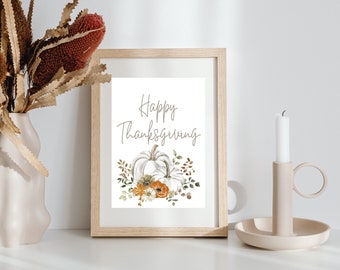 Happy Thanksgiving Printable Wall Art, Fall Decor, Neutral Art, Minimalistic Home Decor, Pumpkins, Digital Download
