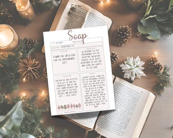Modello stampabile per lo studio della Bibbia SOAP, alberi di Natale, metodo di mappatura dei versetti della Bibbia, guida al diario di studio della Bibbia invernale, PDF digitale stampabile