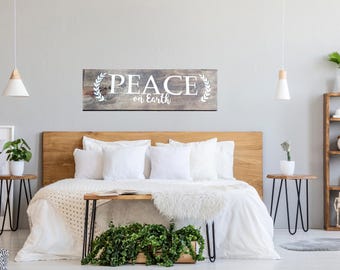 Grande cartello in legno "Pace sulla Terra" / decorazione da camino, Natale, inverno, tutto l'anno, calligrafia moderna, autoportante, design Laurel