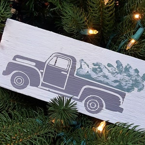 小さな赤いトラックのブロックサイン、クリスマストラック、クリスマスツリー、小さな赤いトラック、冬の装飾、クリスマスブロック、木製ブロックサイン装飾