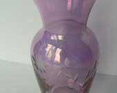 Iridescent Mauve Purple Cut to Clear Floral Fuchsia Etched Vase Hand Cut Czech