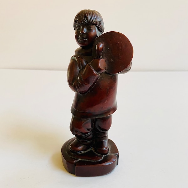 BOMA Canada McPhee Drumming Inuit Boy Eskimo Sculpture signed Boma Tom McPhee Resin Repro