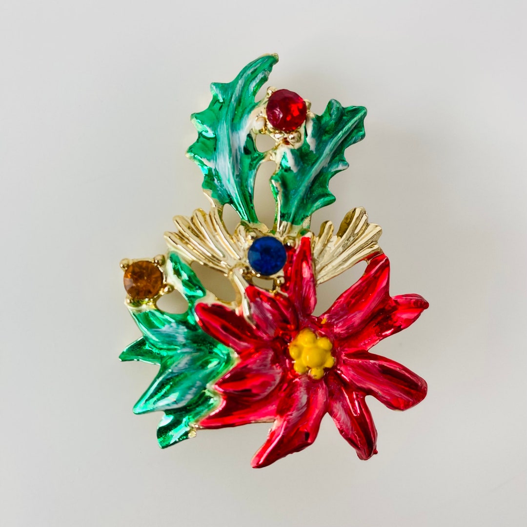 BJ Beatrix Gold Tone Red Blue Orange Rhinestone Red Poinsettia Green ...