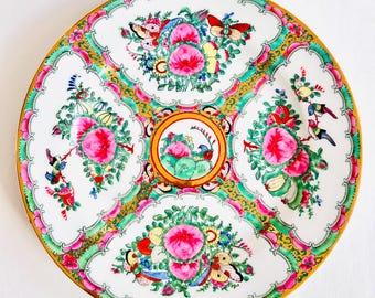 Vintage Chinese Famille Rose 10" Diameter Plate Birds and Butterflies Gilt Hand Painted