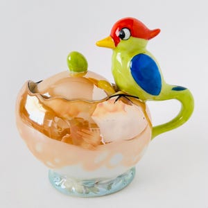 Vintage Lusterware Bird and Egg Lidded Sugar Bowl Japan Colorful Lustreware