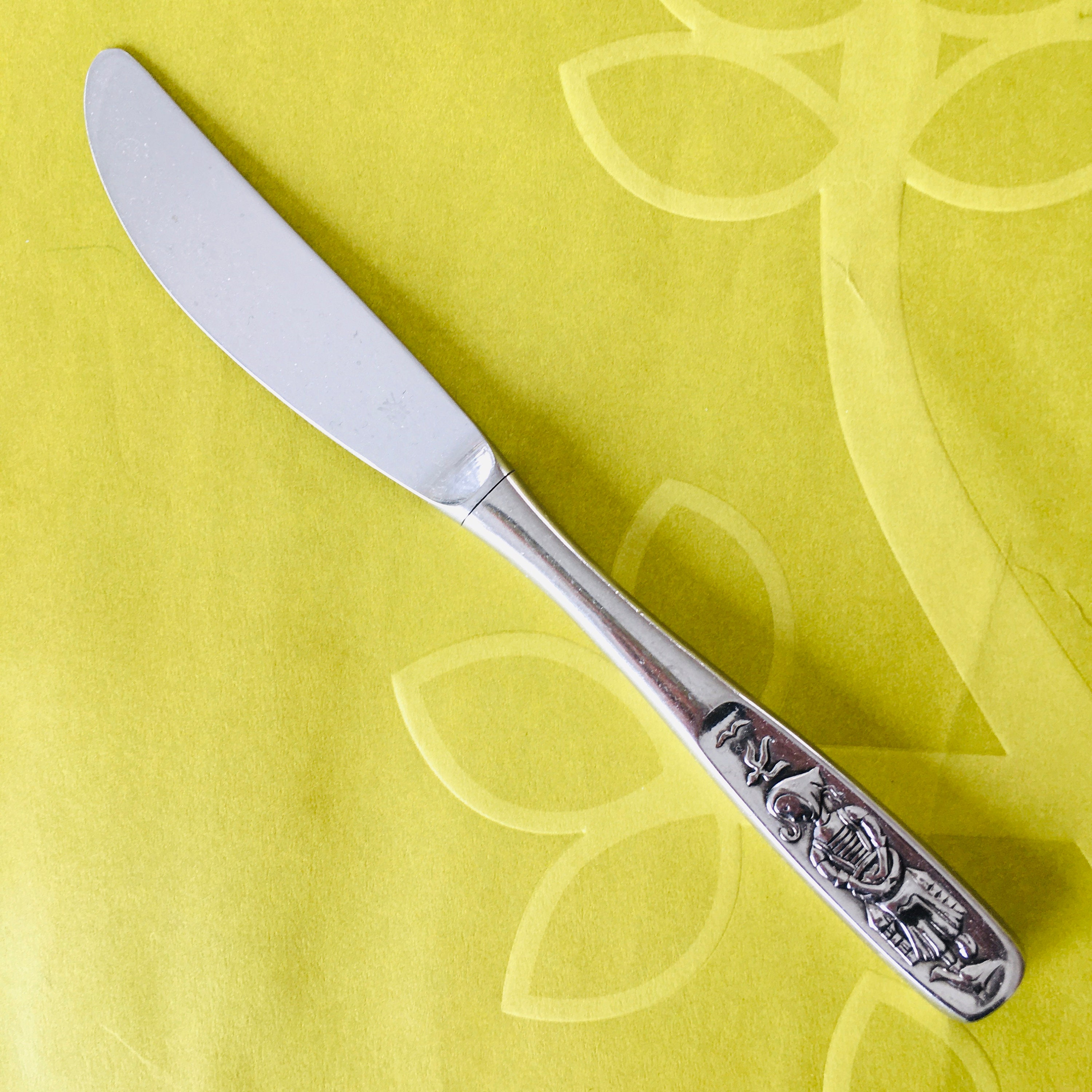 WMF Stainless Steel Embossed Flatware Knife Girl Bird Goose WM Fraser (Not Serrated) Solid Handle Youth Silverware Cutlery