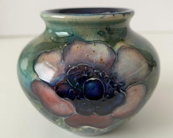 Vintage Moorcroft Pottery Vase: Cobalt Blue Anemone Floral, Made in England
