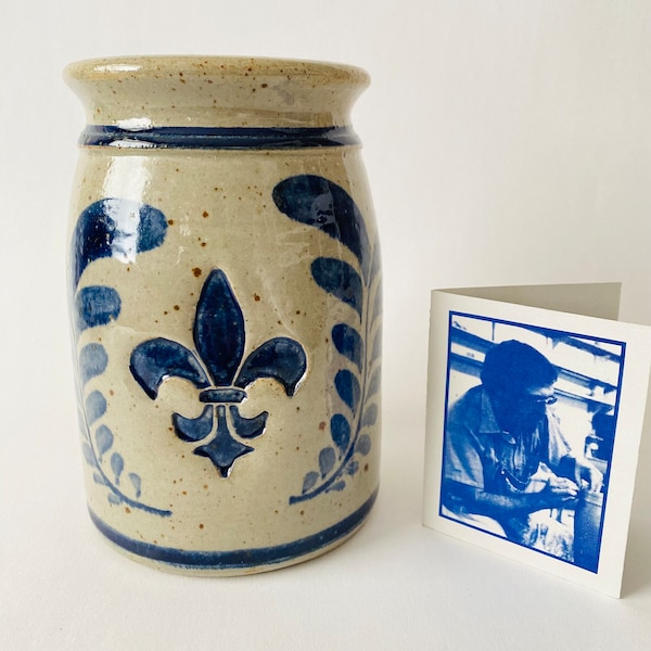 Westerwald Pottery Salt Glazed Blue Grey Fleur-de-Lis Crock Canister Vase Signed 1980s