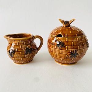 Vintage Bee Brown Keramik Gräddkanna och Sockerskål med lock Japan
