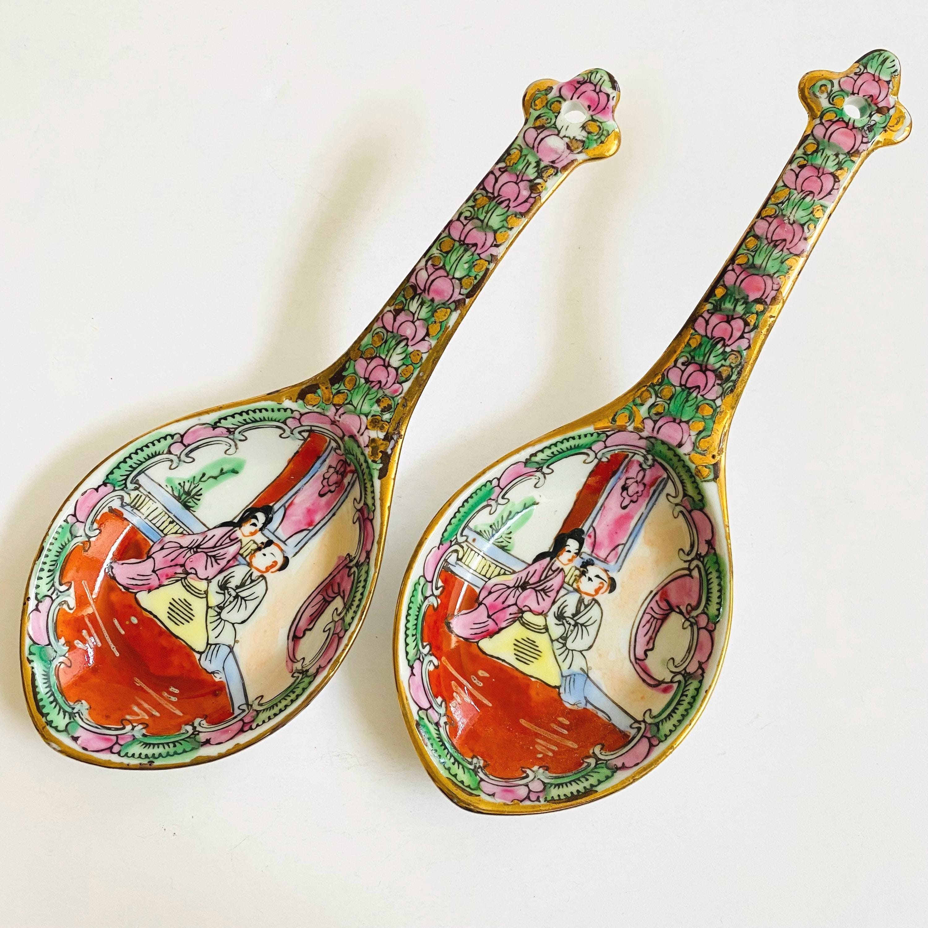 2 Vintage Chinese Rose Medallion Macau 8" Hand Painted Decorative Soup Spoons 1950s - 1970s Not for Food Use