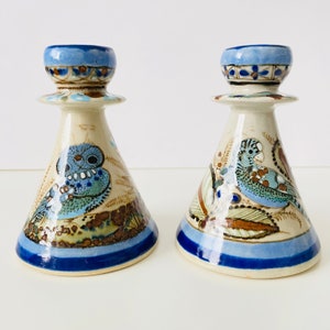 Ken Edwards Candle Holders Signed Tonala El Palomar Mexico Handmade Hand Painted Mexican Pottery Pair Vintage