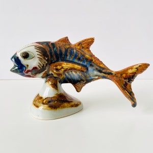 Ken Edwards Fish on Pedestal Figurine Handmade Mexican Pottery Signed Vintage
