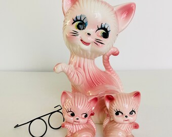 Vintage Ceramic Pink Cat Kittens Eye Glasses Anthropomorphic Kitschy Japan