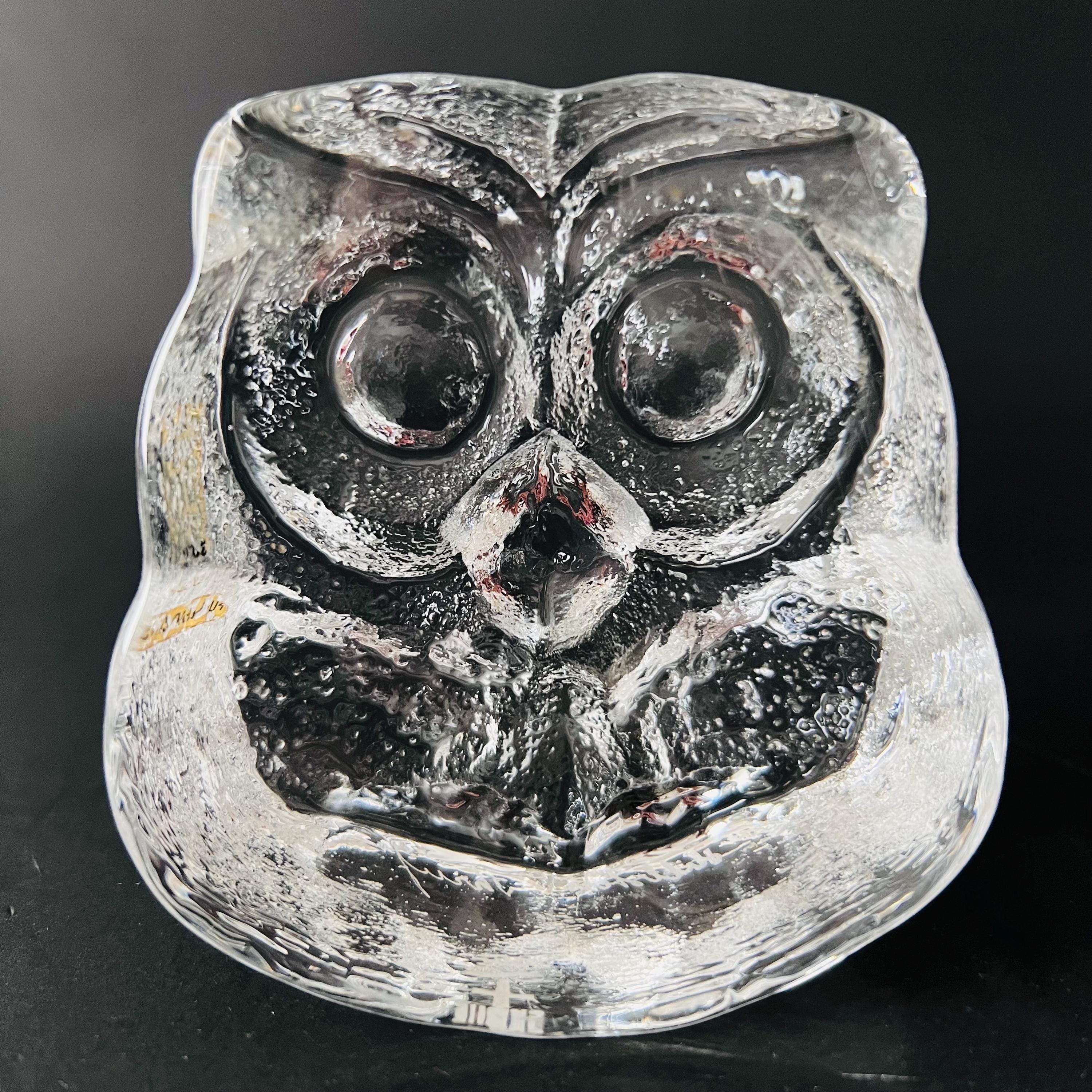 Skruf Owl Figurine Lars Hellsten Crystal Glass Sweden Original Label Signed 1970s