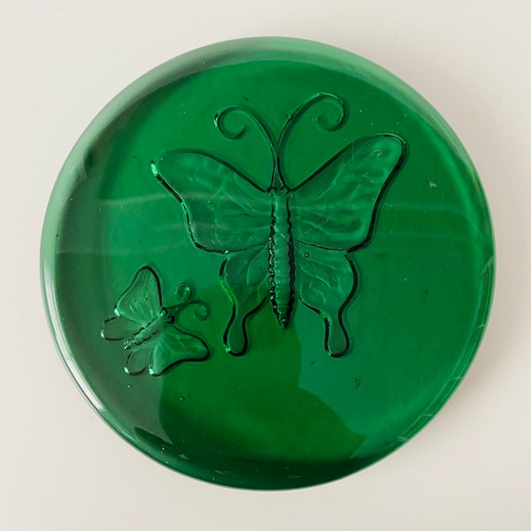 Blenko Round Green Glass Butterflies Butterfly Paperweight 5 3/8"