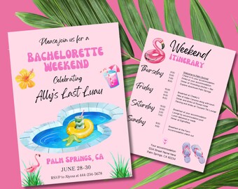 Palm Springs Bachelorette invitation, Last Luau, Bachelorette Party Itinerary, Palm Bach, Bachelorette Party weekend template, Editable