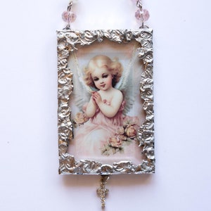 Shabby Chic Angel Ornament: Beveled Glass, Rosary Chain