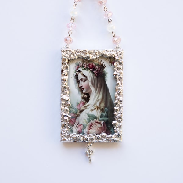 Ornament religieus icoon Maria: afgeschuind glas, kruis strass