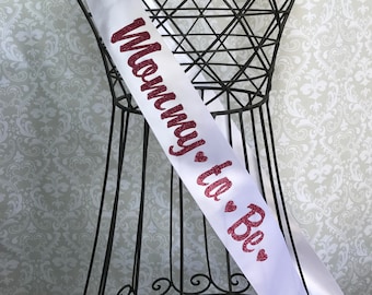Semi-Cursive Mommy to be with Heart accents baby shower sash