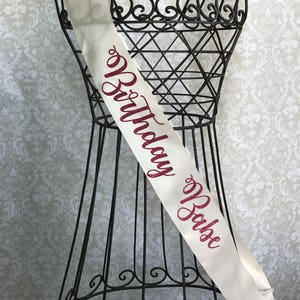 Curly cursive Birthday Babe Party sash