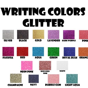 Puede incluir: Una tabla que muestra 16 colores diferentes de purpurina para escribir. Los colores son: plata, negro, oro, lavanda, morado oscuro, rosa, fucsia, rojo, aguamarina, verde, azul real, naranja, rosa ne&oacute;n, rosa oro, blanco, champ&aacute;n, azul marino, chicle y aguamarina claro.