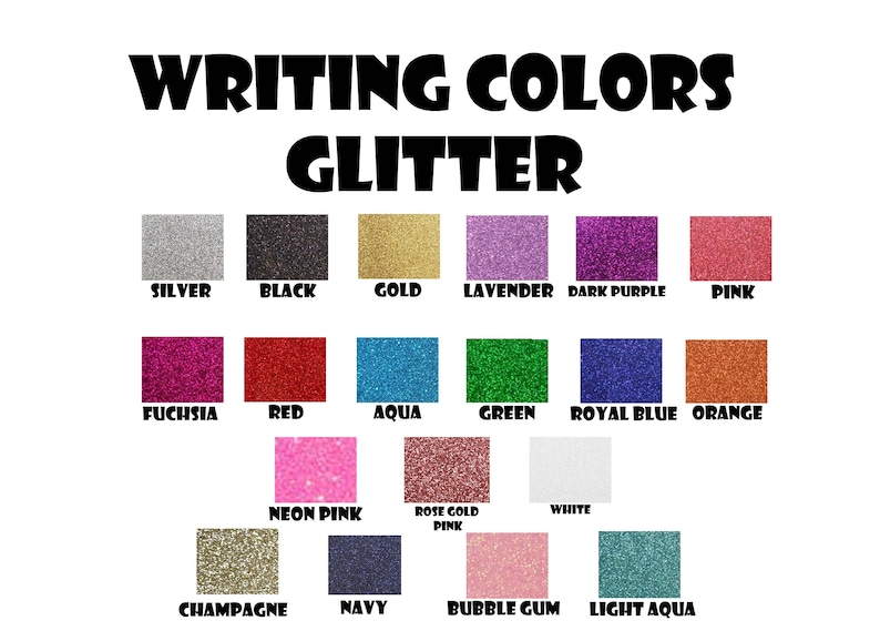 Puede incluir: Una tabla que muestra 16 colores diferentes de purpurina para escribir. Los colores son: plata, negro, oro, lavanda, morado oscuro, rosa, fucsia, rojo, aguamarina, verde, azul real, naranja, rosa ne&oacute;n, rosa oro, blanco, champ&aacute;n, azul marino, chicle y aguamarina claro.