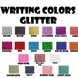 May include: A chart showing 17 different colors of glitter for writing. The colors include silver, black, gold, lavender, dark purple, pink, fuchsia, red, aqua, green, royal blue, orange, neon pink, rose gold pink, white, champagne, navy, bubble gum, and light aqua.