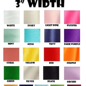 May include: A chart showing 18 different sash colors, each color is displayed in a 3 inch wide square. The colors are: white, ivory, light pink, fuchsia, mint, aqua, navy, dark purple, coral, yellow, red, orange, green, silver, black, orchid, gold, royal blue, light blue, lime green, and wine.