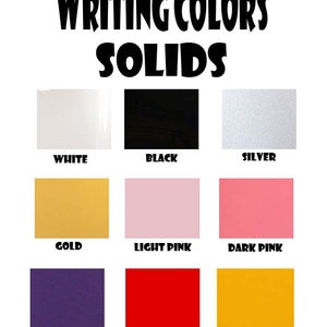Puede incluir: Un gr&aacute;fico que muestra nueve colores s&oacute;lidos diferentes, incluyendo blanco, negro, plata, oro, rosa claro, rosa oscuro, morado oscuro, rojo y amarillo atl&eacute;tico. El gr&aacute;fico est&aacute; titulado "Writing Colors Solids".