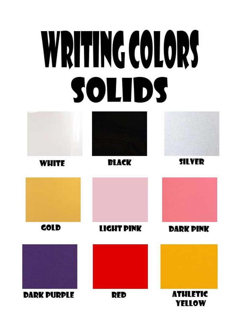 Puede incluir: Un gr&aacute;fico que muestra nueve colores s&oacute;lidos diferentes, incluyendo blanco, negro, plata, oro, rosa claro, rosa oscuro, morado oscuro, rojo y amarillo atl&eacute;tico. El gr&aacute;fico est&aacute; titulado "Writing Colors Solids".