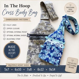 May include: Two cross body bags with zipper closures and adjustable straps, one in a grey butterfly print and one in a blue circular pattern. The image includes text: In The Hoop Cross Body Bag, Embroidery Pattern, Made In The Hoop, and hoop sizes 5x7, 6x10, 7x8, 8x12, 9x14.