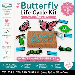 Peut inclure: Un kit de cycle de vie des papillons avec des fichiers SVG, PNG et JPG. Le kit comprend des images de papillons, d'œufs, de chenilles et d'une chrysalide. Le kit est conçu pour les machines de découpe et est adapté aux débutants.