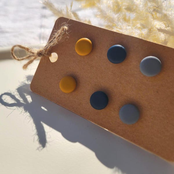 Hypoallergenic stud earring set in petrol + mustard yellow + light grey made of polymer clay with 18k gold-plated posts for sensitive ears