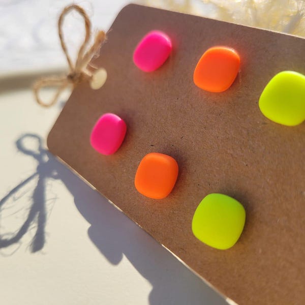 Hypoallergenic stud earring set in neon pink, orange, and yellow polymer clay with 18k gold-plated posts for sensitive ears