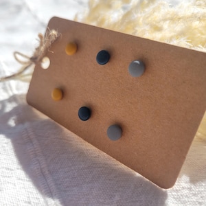 Könnte beinhalten: Ein Set aus sechs Ohrsteckern in verschiedenen Farben, darunter Gelb, Schwarz und Grau, präsentiert auf einem braunen Kartonanhänger. Die Ohrringe sind klein und rund, mit einem schlichten, minimalistischen Design. Der Anhänger ist mit Naturkordel gebunden.