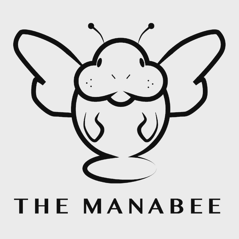 May include: A black and white logo featuring a cartoon manatee with butterfly wings. The manatee has two antennae and a smiling face. The text "THE MANABEE" is below the illustration.