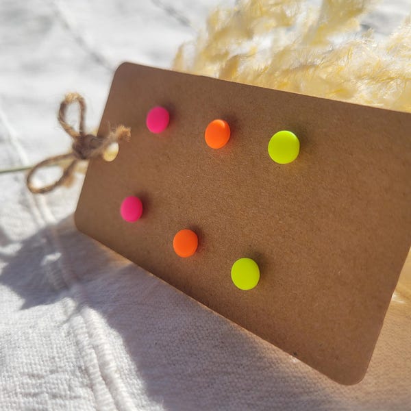Hypoallergenic neon pink, orange, and yellow stud earrings for sensitive ears, surgical stainless steel with 18k gold plating
