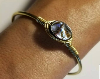 Boho Brass Wire Wrapped Abalone Shell Bracelet