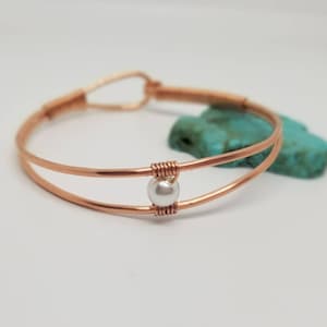 Copper Wire Wrapped Bracelet Cuff with Faux pearl