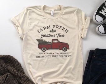 Christmas Tees. Holiday Shirts. Womens Christmas Shirt. Christmas Graphic Tee. Red Truck Shirt.  Vintage Truck Christmas. Holiday Truck.