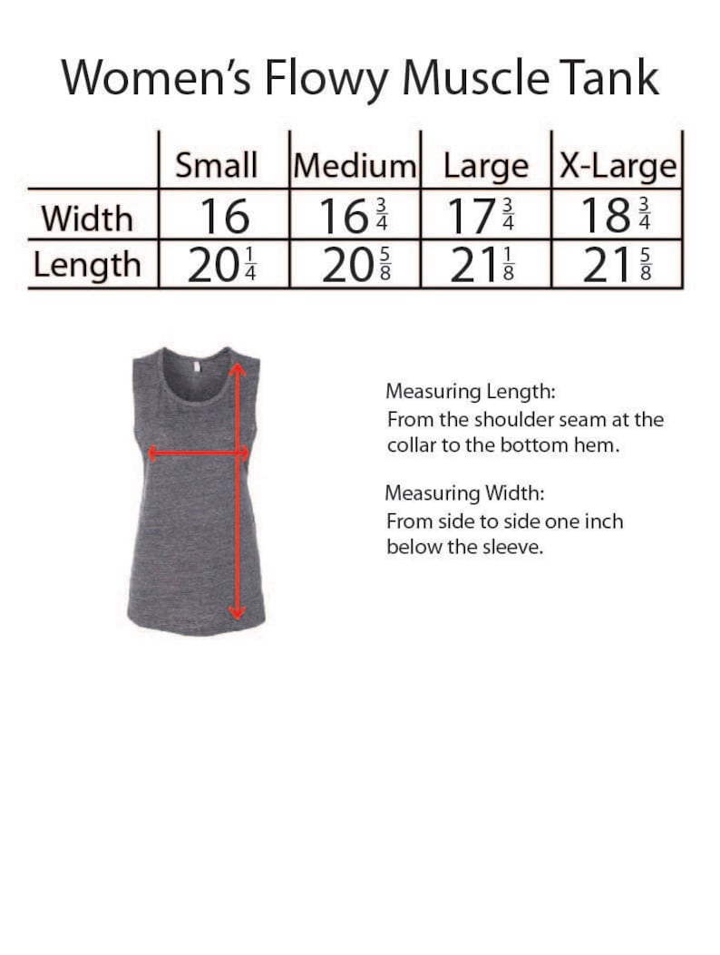 K&ouml;nnte beinhalten: Eine Gr&ouml;&szlig;entabelle f&uuml;r ein flie&szlig;endes Muscle-Tanktop. Die Tabelle zeigt die Breite und L&auml;nge in Zoll f&uuml;r die Gr&ouml;&szlig;en Small, Medium, Large und Extra Large.