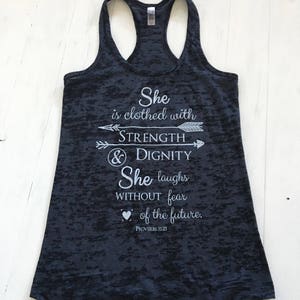 Christian Shirts. Christian Clothing. She is Clothed in Strength and Dignity. Proverbs 31. Christian Workout. Workout Tank. Racerback. image 3