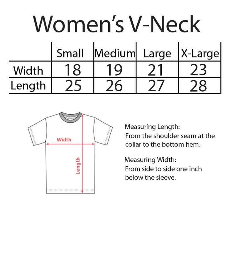 May include: A size chart for a V-neck shirt with measurements in inches for width and length. The chart shows sizes from small to X-large.