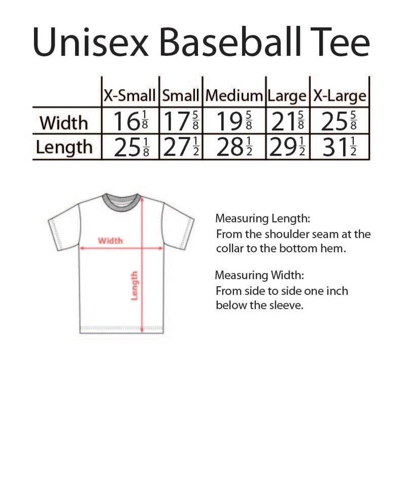 Puede incluir: Tabla de tallas para una camiseta de b&eacute;isbol unisex, que muestra las medidas de ancho y largo en pulgadas para las tallas XS, S, M, L y XL.
